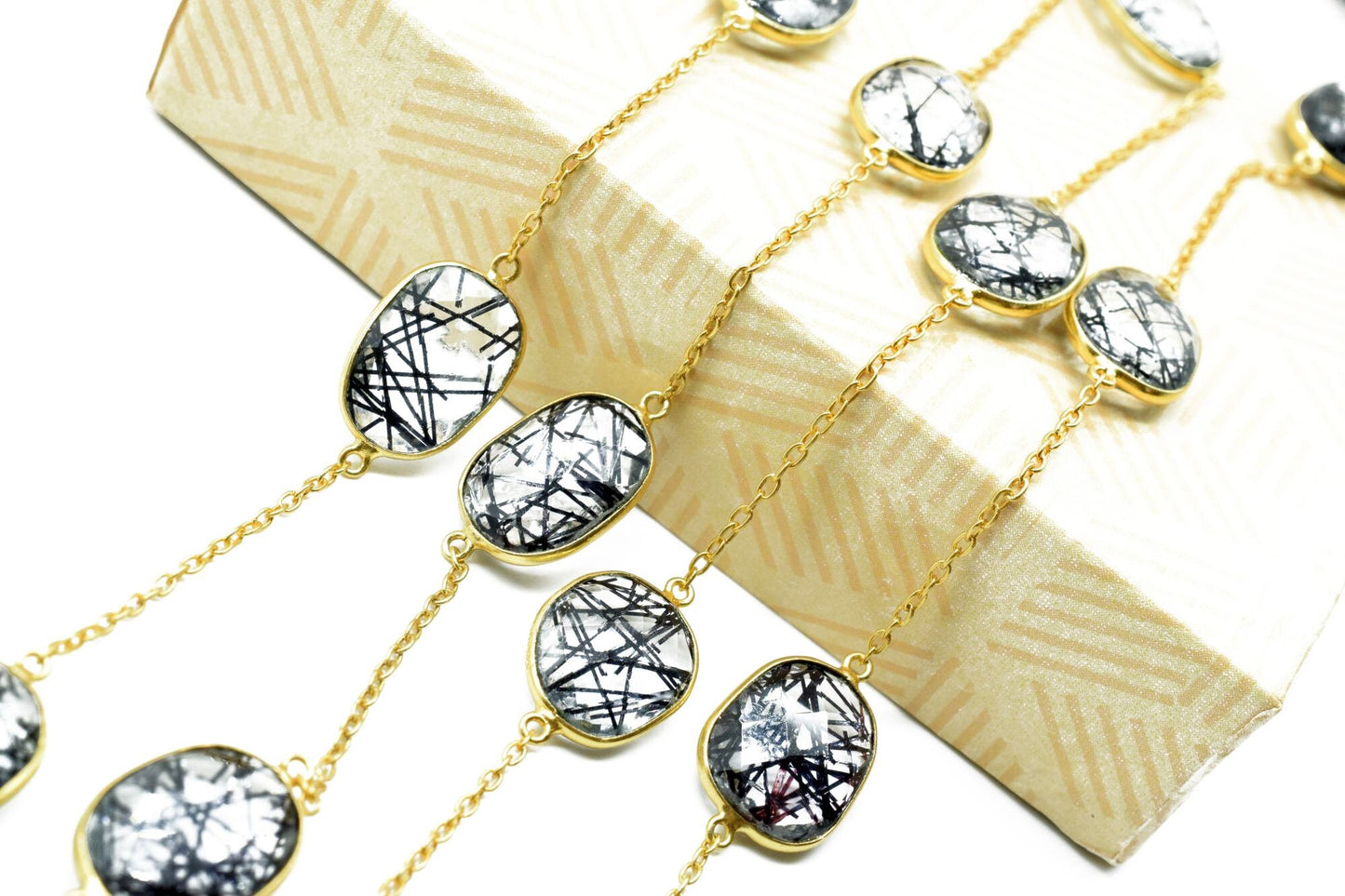 Black Rutile Gold plated Bezel Connector Chain,Black Rutile Faceted Bezel Link Chain,Black Rutile Free form bezel connector chain,jewelry