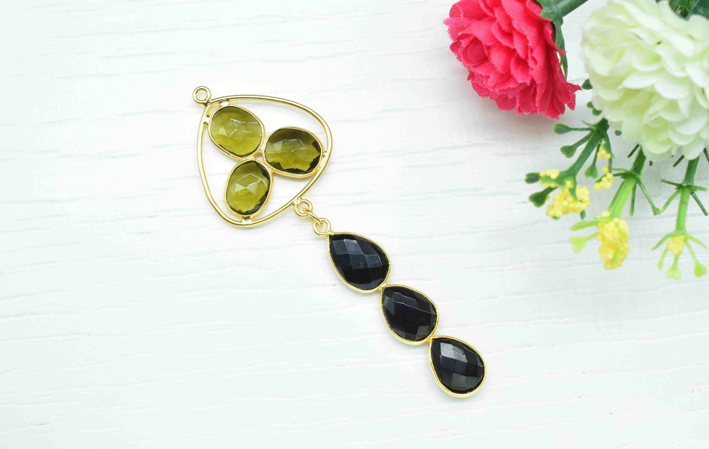 Green Tourmaline + Black Onyx Component Pendants ,Multi Stone Dangle Earrings ,Earring Component Jewelry ,Dangle pendant Charms,B'day Gift
