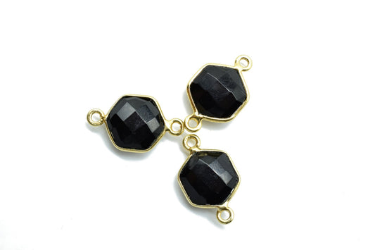Black onyx 10mm Hexagon Shape Pendant,Gold Plated double Bail Gemstone Connector,Faceted Hexagon Shape Gemstone Bezel,Onyx Hexagon Charms