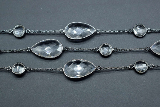 Crystal Bezel link Chain I Handmade Bezel Link Chain,Clear Quartz black rhodium Bezel Chain IBrass Chain,Gemstone Connector Chain Per Foot