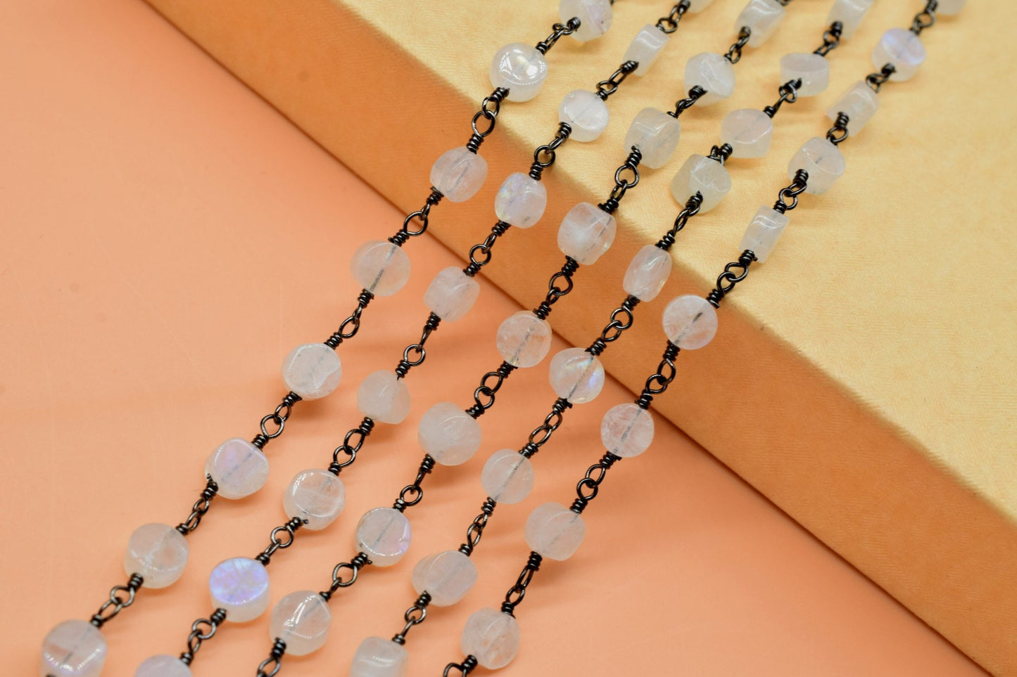 Rainbow Moonstone Gemstone Beads Chain, Moonstone connector link Chain-Natural Moonstone Bezel Chain, Moonstone Round Shape Connector Rosary