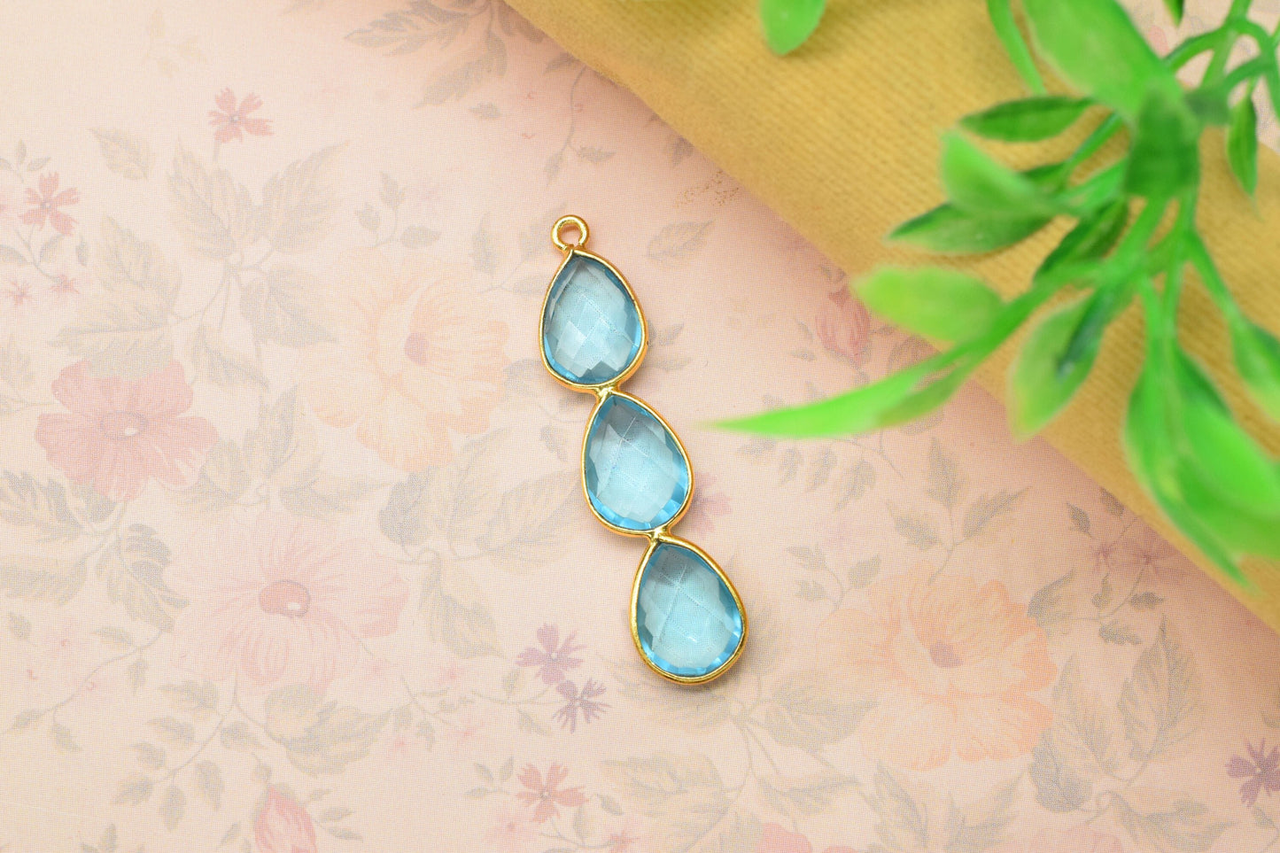 Gemstone Teardrop Bezel Charms Pendants,Three Stone Bezel Pendants,Beads Jewelry,Handmade Earring Connector,Single bail Station Bezel Link