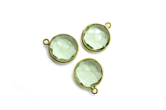 Green Amethyst 14mm Round charm,Brass Gold Plated bezel,Green Amethyst single Bail Pendant,February Birthstone Coin Links,Jewelry Findings