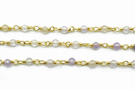 Ametrine 3mm Beaded Chain,Natural Ametrine Gold Plated Faceted Rondelle Beads Beaded Rosary Chain Gold Plated ,Ametrine Rosary Beaded Chain