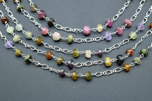 Multi Tourmaline Rosary Chain,Multi Tourmaline Wire Wrapped Rosary,beaded chain,Natural Multi Tourmaline beaded Chain,gold chain,chains,