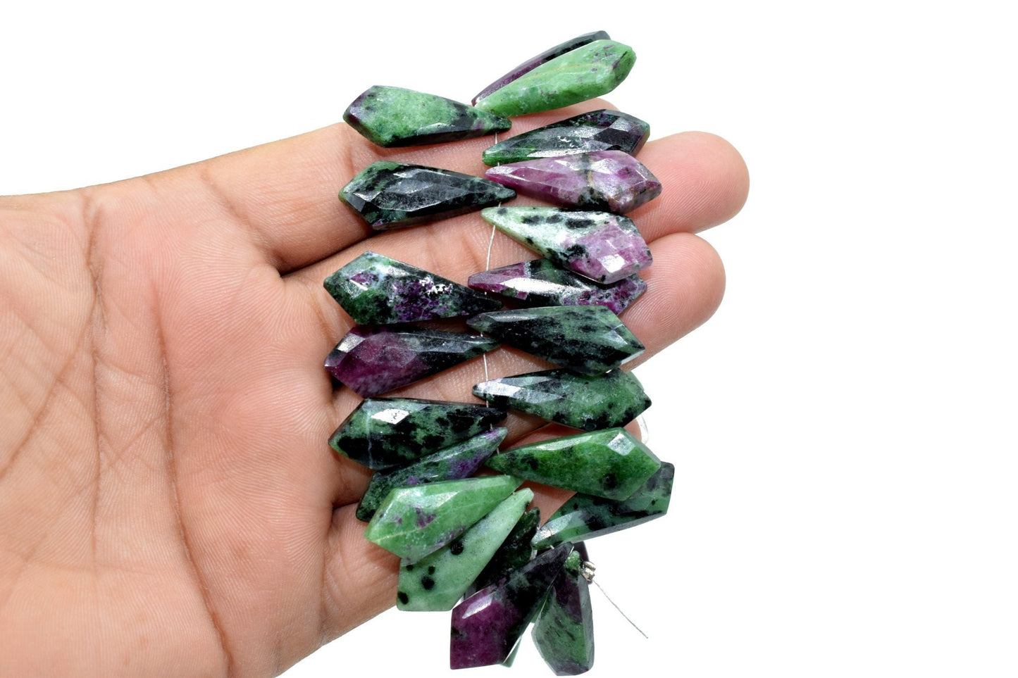 Natural Ruby Zoisite 9x27mm Faceted Briolettes,Green Raspberry Pink Semi Precious Gemstones,Ruby Zoisite Drilled Pear quality Briolettes