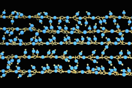 Turquoise 2mm Cluster Rosary Chain,Gold Plated Chain,Wire Wrapped Chain,Jewelry Supply,Plain Turquoise Beads Gold Plated dangling chain