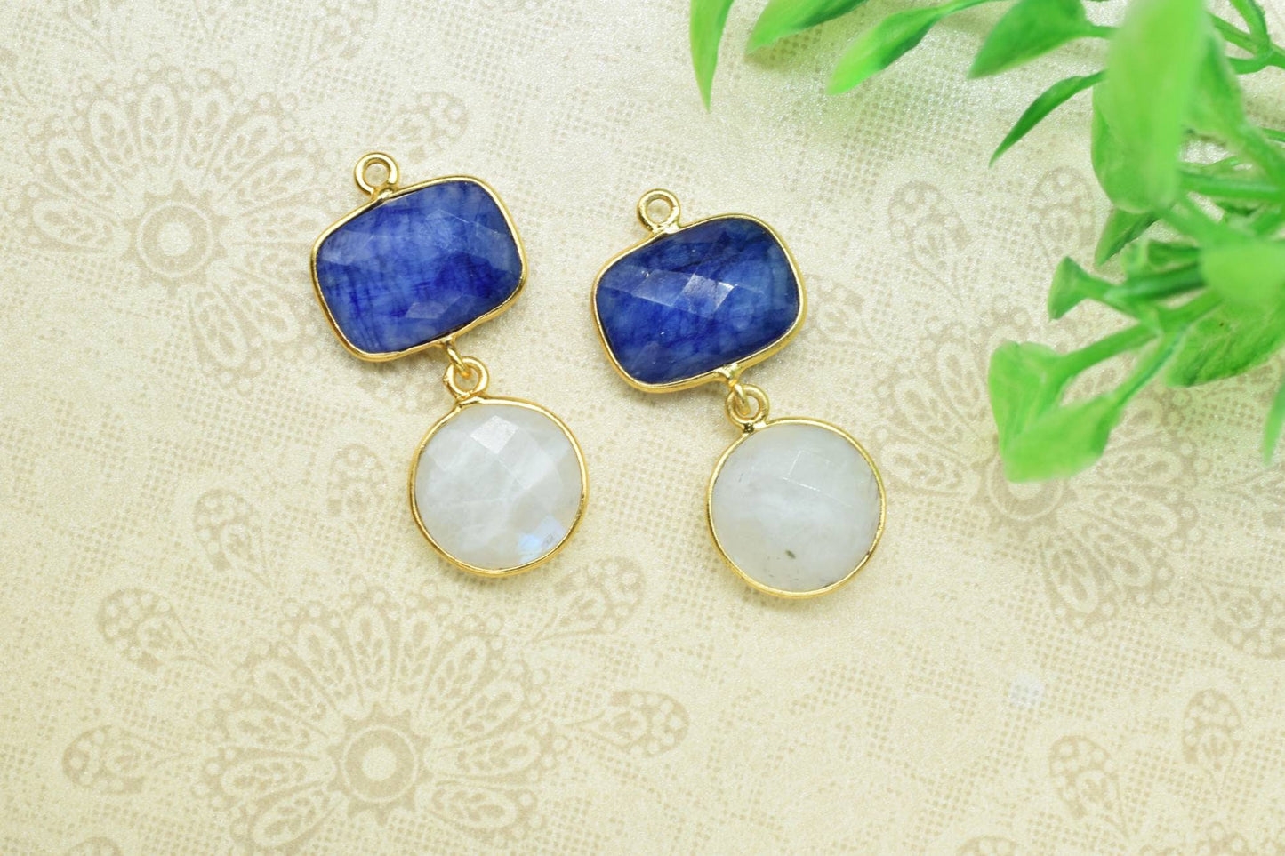 Blue Sapphire Dangle Component Earrings,Handmade Jewelry,Gemstone Connectors,Rainbow Jewelry,Station Bezel Link,Sapphire pendant Connector