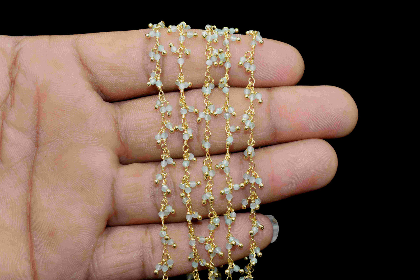 Aqua Chalcedony Cluster Rosary Chain, Aqua 2mm-2.5mm Rondelle Shape Beaded Chain, Cluster Rosary Chains, Dangling Flower Chain, Rosary Chain