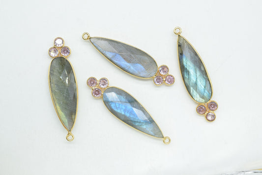 Labradorite 10x30mm Pear shape Bezel charms,Labradorite Pendant,Grey Gemstone connector,Labradorite Jewelry,Cubic zirconia Bezel charm,P121