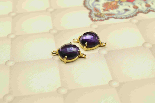 Amethyst Gemstone 12mm Round Shape Connector,Amethyst Gold Plating Component Jewelry,Amethyst Double Loop Gemstone Connector Jewelry Making