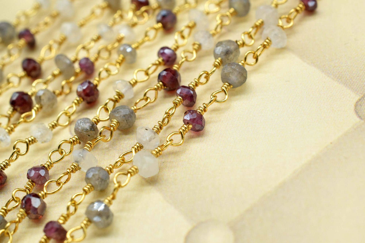 Labradorite 3mm Beaded Chain,garnet Rosary Chain,Gold Plating Wire Wrap Chain,moonstone beaded chain,combination rosary,multi gemstone,craft