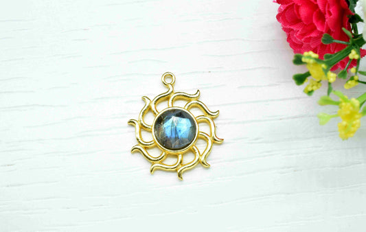 Labradorite Gemstone Component, Single Bail Charm , Labradorite Connector Pendant , Gold Plated Connectors , Earring Component ,