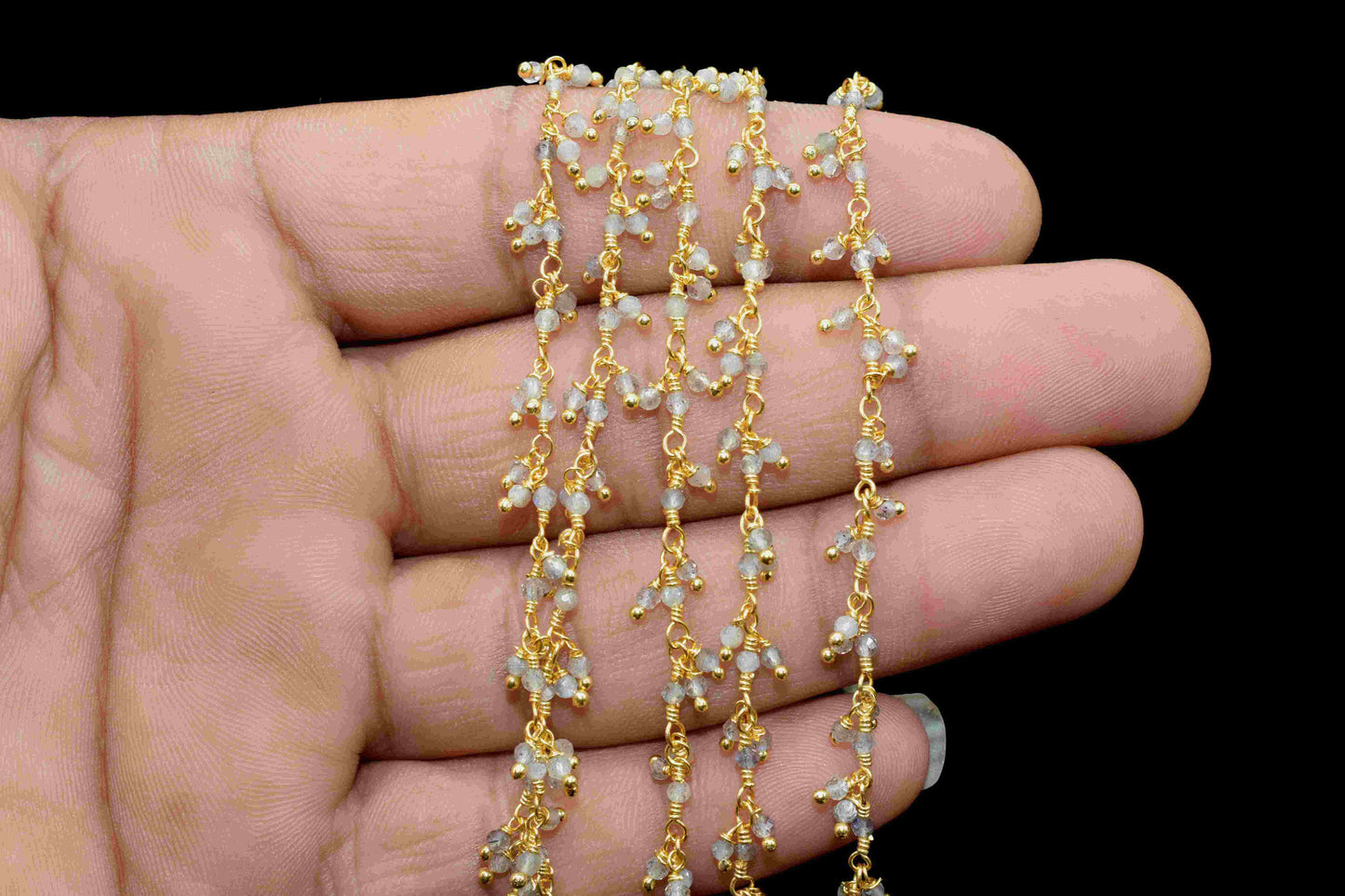 Labradorite 2mm Cluster Beaded Chain,Labradorite Rosary Chains,Gold Plating Wire Wrap Chain,Brass Chain,Rosary Chain,Jewelry Making Chains