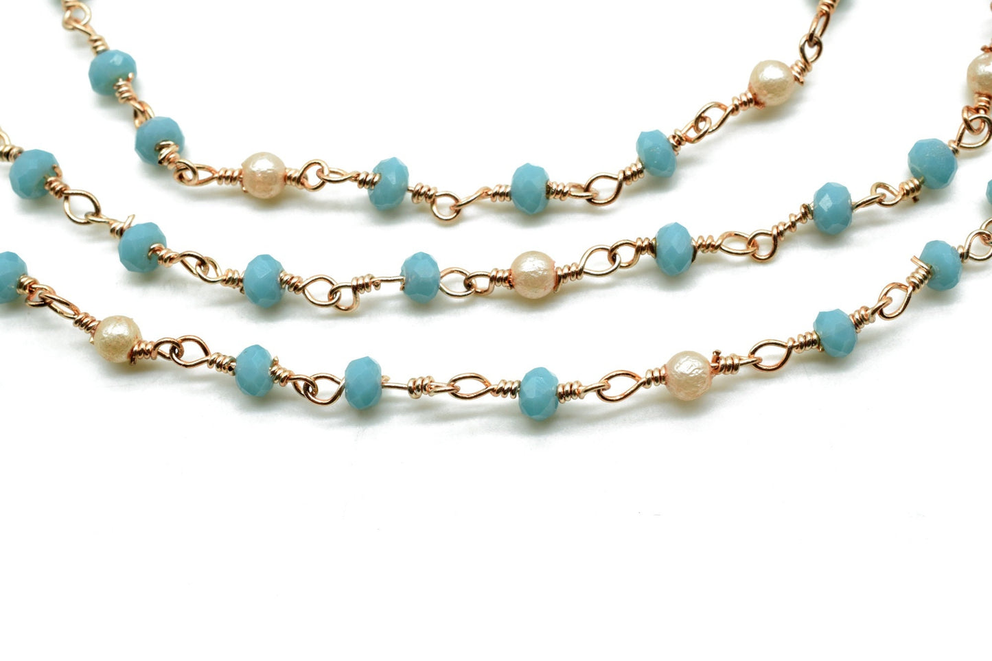 Peru Chalcedony 3mm Beaded Chain,Peru Chalcedony Wire Wrapped Chain,white pearl Brass chain,Jewelry Making Chain,Beaded rosary chain,rosary