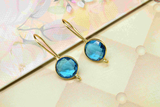 Blue Topaz 10mm Round Shape Earrings,Topaz Gemstone bezel Component,Blue Topaz Bezel Connector,Topaz Bezel Earring,Topaz Connector Jewellery