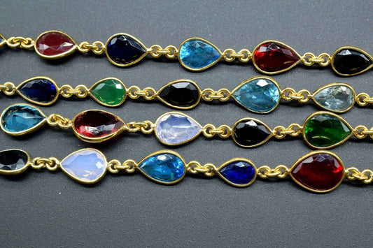 Multi Stone Faceted Bezel Link Connectors Chain, Gold Plated Chain,Pear Shape Bezel Chain,Hanging Bezel Link Chain Supply,bezel chains