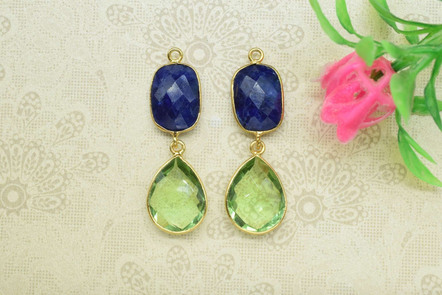 Multi Stone Pendant Charm,Station Bezel Link,Multi Shape Connector,Green Amethyst Jewelry,Blue Sapphire Earring Connector,Handmade Pendant