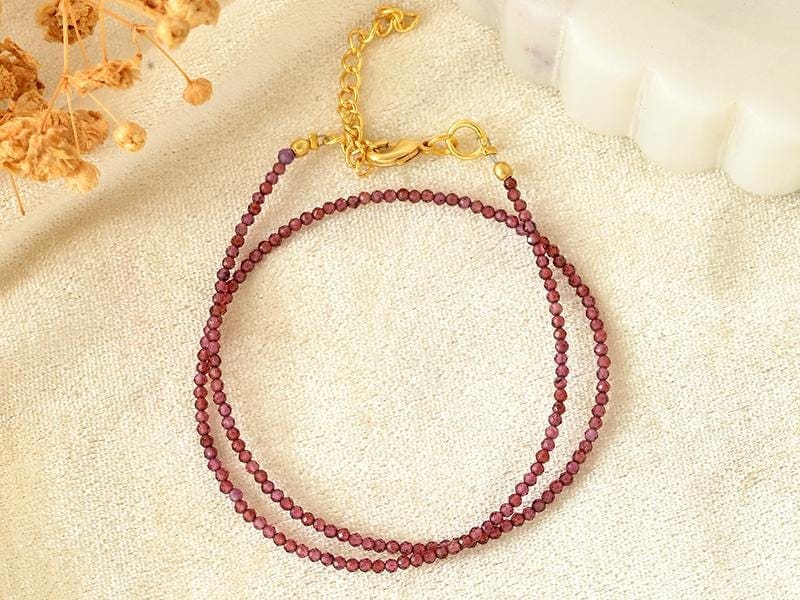 Tiny Red Garnet Gemstone Beaded Minimalist Choker, Dainty Gemstone Beaded Necklace for Women,Summer Choker, Handmade, red color necklace,