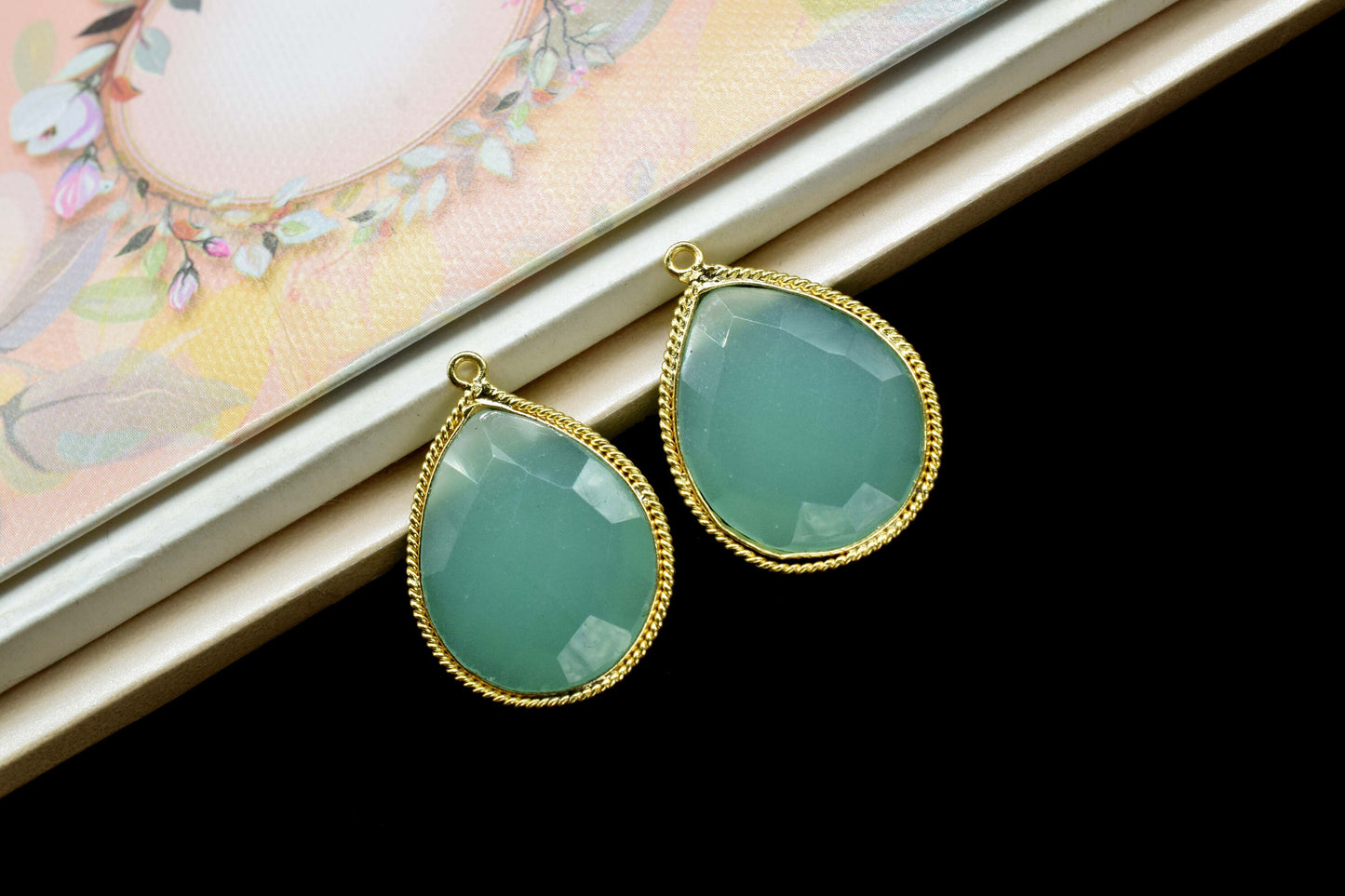 Aqua Chalcedony Faceted Bezels Charms,Aqua chalcedony Single Bail Charms Jewelry,Aqua Chalcedony 18x23mm Pear Shape Gold Plating Bezel,Gift