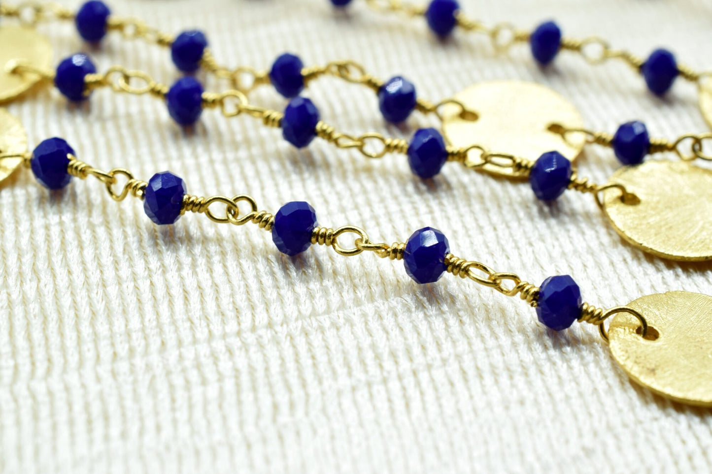 Blue Sapphire Beaded Chain 3mm-3.5mm Rosary Chain, Gold Plated Wire Wrapped Chain,charms chain,coin charms,sapphire charms,blue color chain