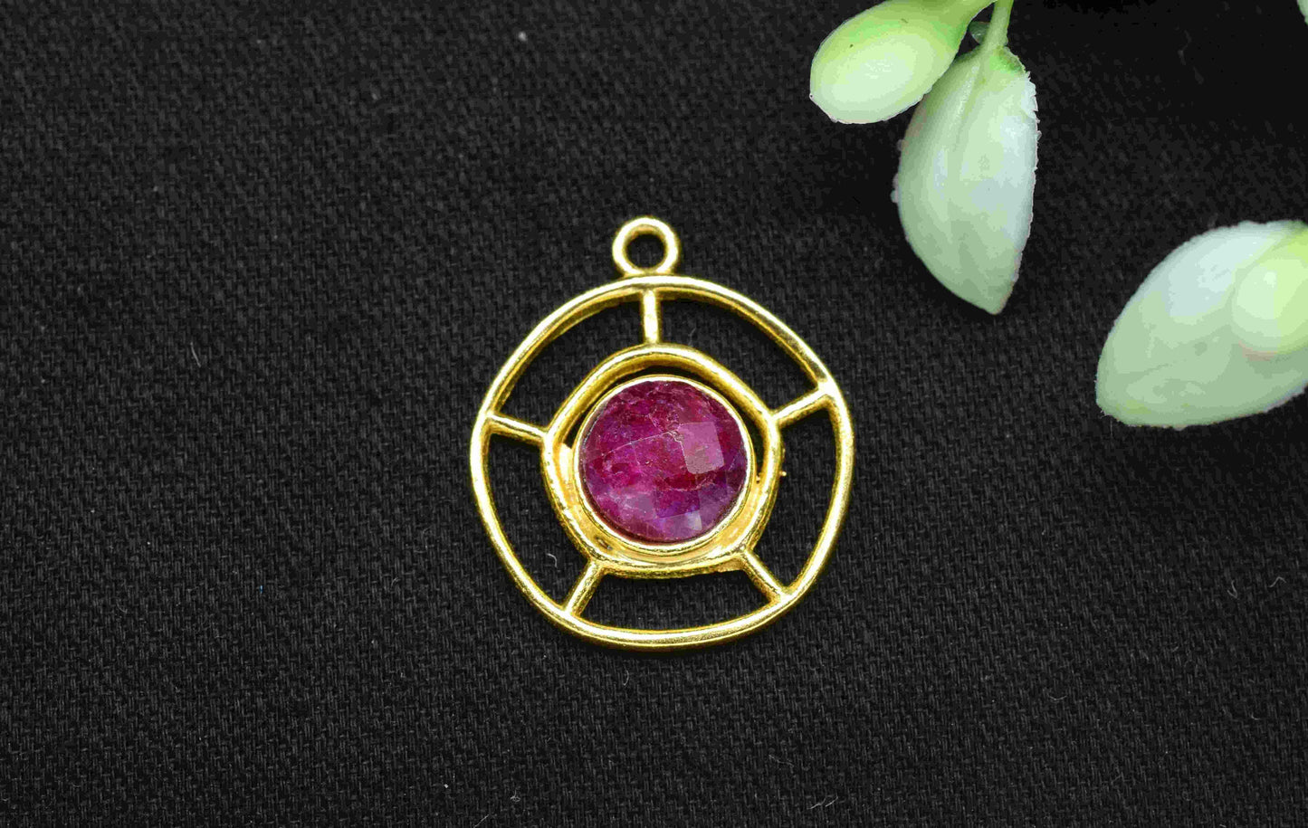 Ruby Gemstone Component, Single Bail Charm , Ruby Connector Pendant , Gold Plated Connectors , Earring Component , B'day Gift