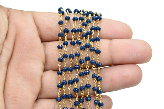 Blue Agate 3mm Beaded Chain,Blue Agate Rosary Chains,Blue Agate Gold Plating Wire Wrap Chain,Brass chain,Jewelry Making Chain,Rosary chain