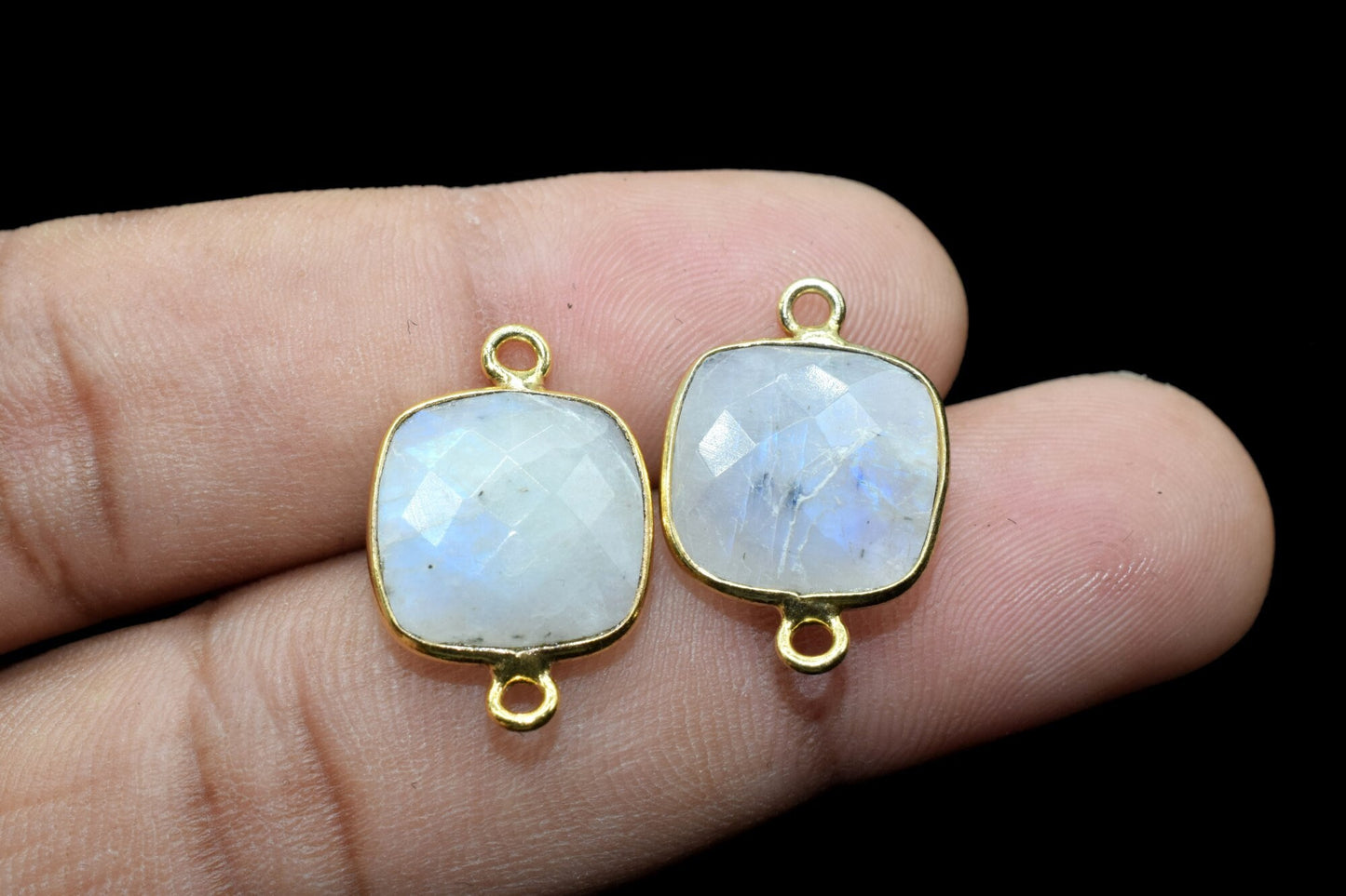 Moonstone 12mm cushion shape Double loop connectors,Moonstone Pendants,White Rainbow bezel links,Gemstone Cushion Cone Charms,Minimal Stones