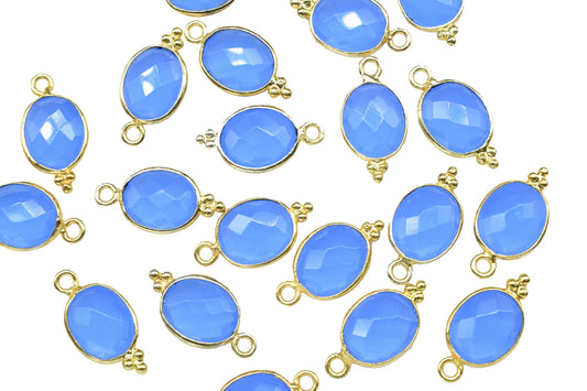 Blue Chalcedony Quartz Faceted 8x10mm Oval Shape Connector,Blue chalcedony Single bail component,Blue Chalcedony Gold Plated Bezel Connector