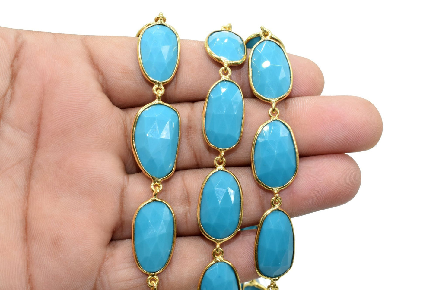 Blue Turquoise Bezel Connector Chain,Turquoise Free form Size Connector Chain,Turquoise Handmade Bezel Link Chain,Gold Plated Bezel Chain