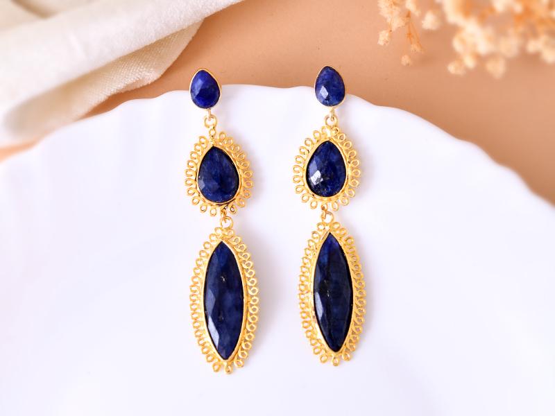 Natural Blue Sapphire Dangle Earring/Gold Plated Earring/Bridal Earring/Handmade Jewelry/Sapphire Wedding Earring/Gold Plated Jewelry/Gift