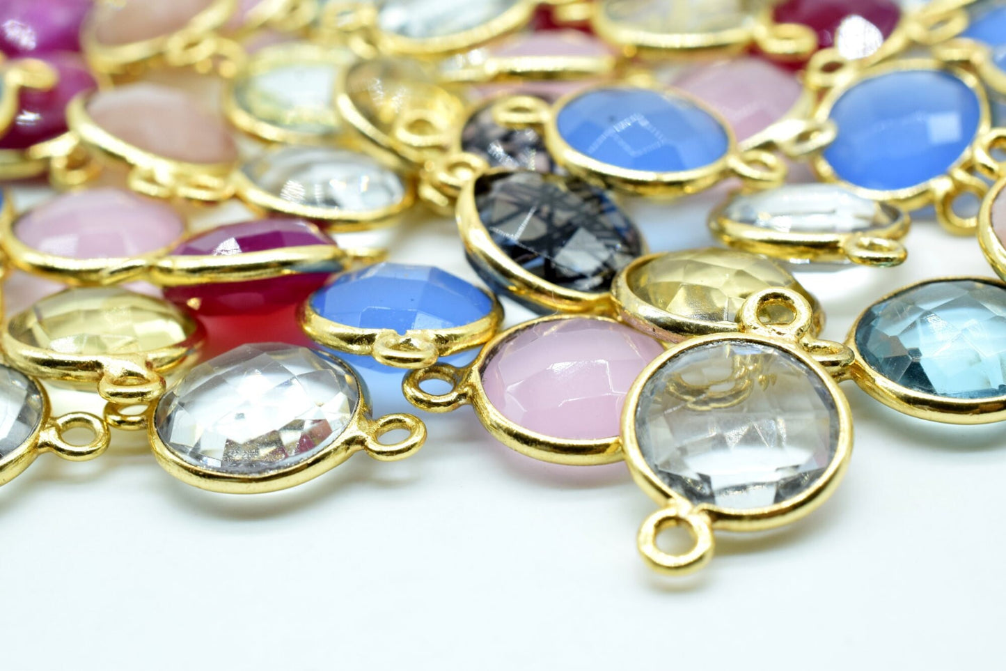 Sky Topaz 10mm Round Double loop connectors,Brass Gold Plated bezel,Sky Topaz Pendant,Sky Topaz double bail connectors,Topaz Round connector