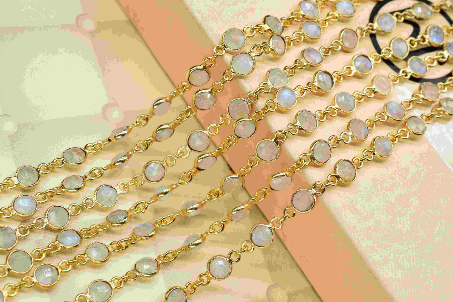 Rainbow Moonstone Bezel Chain Connector, Gold Plated Gemstone Chain, Bracelet Chain,Round Bezel Beads Rosary Chain,Rainbow Jewelry Connector