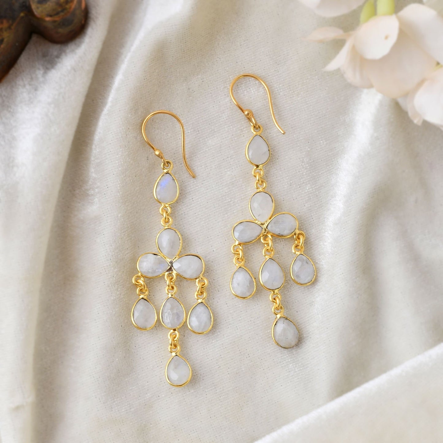 Natural Gemstone Rainbow Moonstone Earring/Handmade Earring/Bridal Earring/Gold Plated Earring/Dangle Earring/Statement Earring/Long Earring