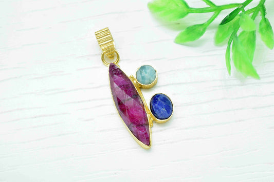 Natural Multi Gemstone Pendant, Ruby Pendant, Blue Sapphire Gemstone Jewelry, Amazonite Gemstone, Gemstone Set Pendant, Multi Stone Pendant