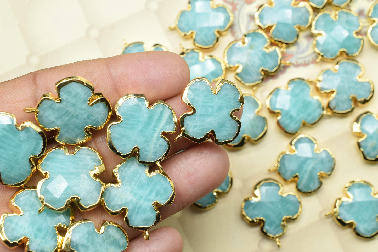 Amazonite 20mm Pendant Charm,Clover Shape Pendant,Amazonite Pendant jewelry,Gemstone Component Pendant,Handmade Electroplated Connector,Gift