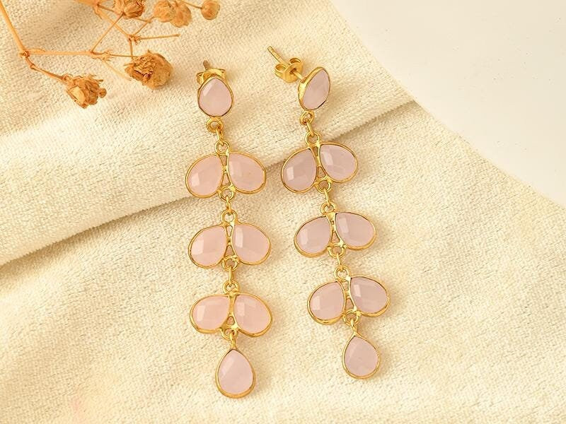 Natural Gemstone Rose Quartz Earring/Handmade Earring/Dangle Earring/Gold Plated Earrring/Pink Gemstone Earring/Bridal Earring/B'day Gift