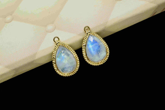 Rainbow Moonstone Pear Shape Single Bail Connector,Moonstone 9x13mm Teardrop Pendant,Moonstone Gold Plated Bezel,Jewelry Making Charms Gift