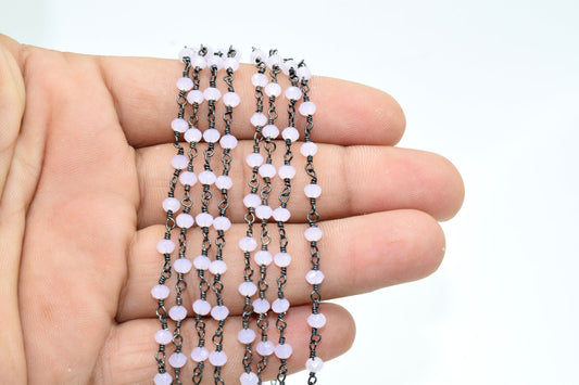 Rose Quartz 3mm Beaded Chain,Pink chalcedony Wire Wrapped Chain,Rose quartz Brass chains,Jewelry Making Chain,Rose Quartz Beads rosary chain