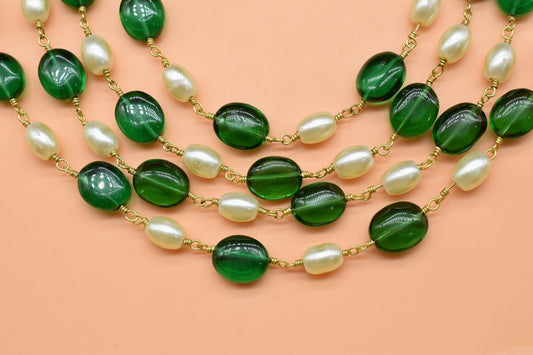 Emerald Quartz Beads Link Chain With White Pearl beads,Gold Plated Rosary Chain,Beaded Chain, Wire Wrapped Rosary Chain,Beaded Chain By Foot