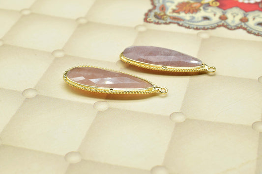 Peach Moonstone Faceted 10x30mm Teardrop Charms,Peach Moonstone Pendant Jewelry,Brass Gold Plated bezel,Peach Moonstone Connector Bezel,Gift