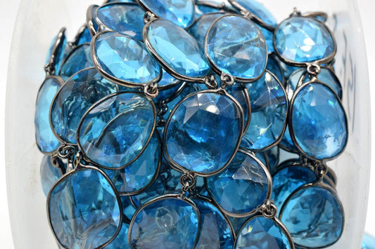 London Blue Topaz Bezel Connector Chain,Blue Topaz Free form Connector Chain,Topaz Handmade Bezel Link Chain,Black rhodium Bezel Link Chain