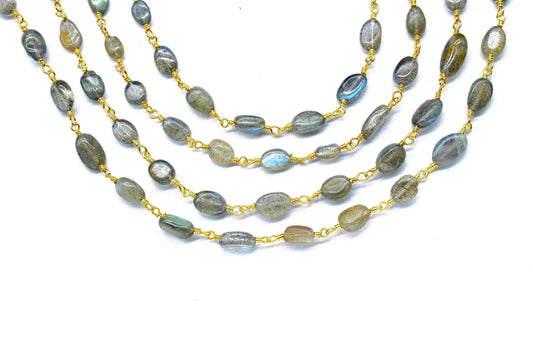 Labradorite Smooth Beaded Chain,Labradorite Beads Necklace Chain,Labradorite Wire Wrapped Brass Gold Plating Handmade Jewelry,Gift