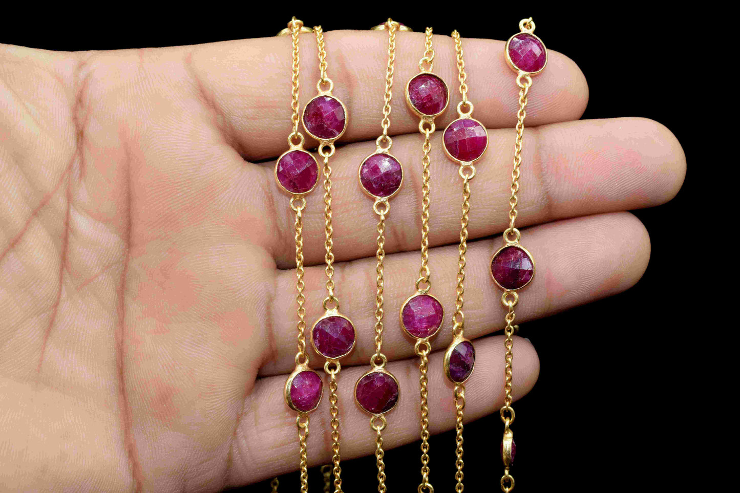 Natural Ruby Bezel Chain Connector, Gemstone Bracelet Chain, Round Shape Bezel Rosary Chain, Jewelry Connector For Necklace, Finding Jewelry