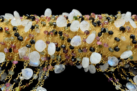 Pink Tourmaline 3mm Beaded & moonstone Heart shape Chain,Beaded Wire Wrapped Gemstone Beads,Faceted Rosary Chain,Gems Rosary Style,handmade