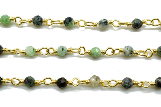 Ruby Zoisite 3mm Beaded Chain,Ruby Zoisite Rosary Chain,Gold Plating Wire Wrap Chain,Ruby Zoisite Brass chain,Ruby Zoisite beaded chain