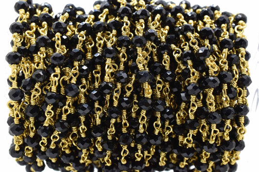 Black Spinel 3mm Rosary Style Beaded Chain, Black Spinel Faceted Beads Wire Wrapped Chain,Brass chains,Jewelry Making Chains,3mm Beads Chain