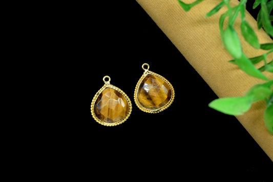 Tiger Eye Faceted Gemstone 14mm Heart Shape connector,Tiger Eye Gold Plating single bail connector,Tiger Eye charms Pendant Jewelry Making