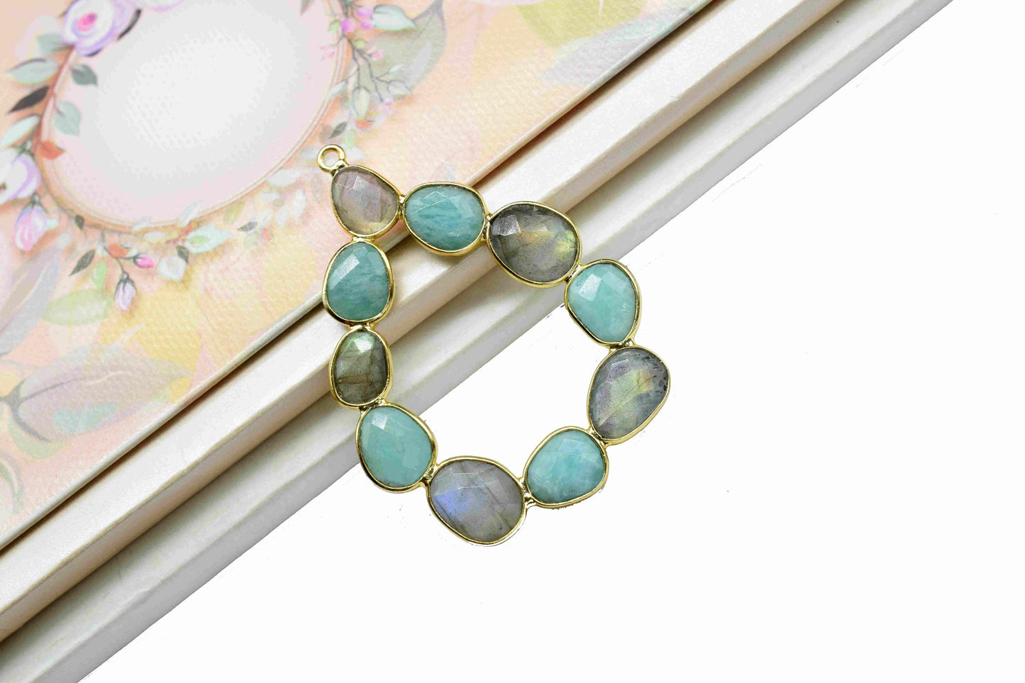 Multi Stone Faceted Gemstone Pendant,Labradorite Gold Plating Charm Jewelry,Mixed Gemstone Pendant,Amazonite Dual Stone Pendant Jewelry,Gift