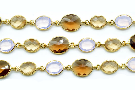 Smoky Quartz & Pink Opalite Gold Plated Bezel Chain Gemstone Connector, Chain,Bezel Connector Chain,Selling Per Foot,Jewelry making chains